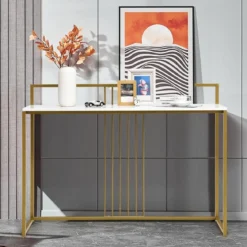 120 cm Konsolentisch mit Marmoroptik & Goldfarbenem Metallgestell Moderner Flurtisch Weiß