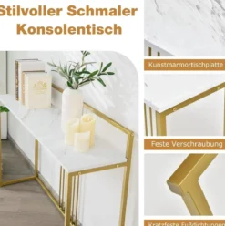120 cm Konsolentisch mit Marmoroptik & Goldfarbenem Metallgestell Moderner Flurtisch Weiß
