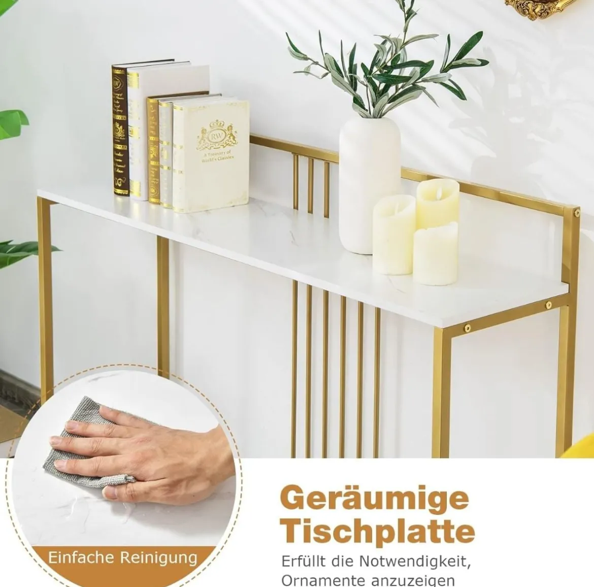 120 cm Konsolentisch mit Marmoroptik & Goldfarbenem Metallgestell Moderner Flurtisch Weiß