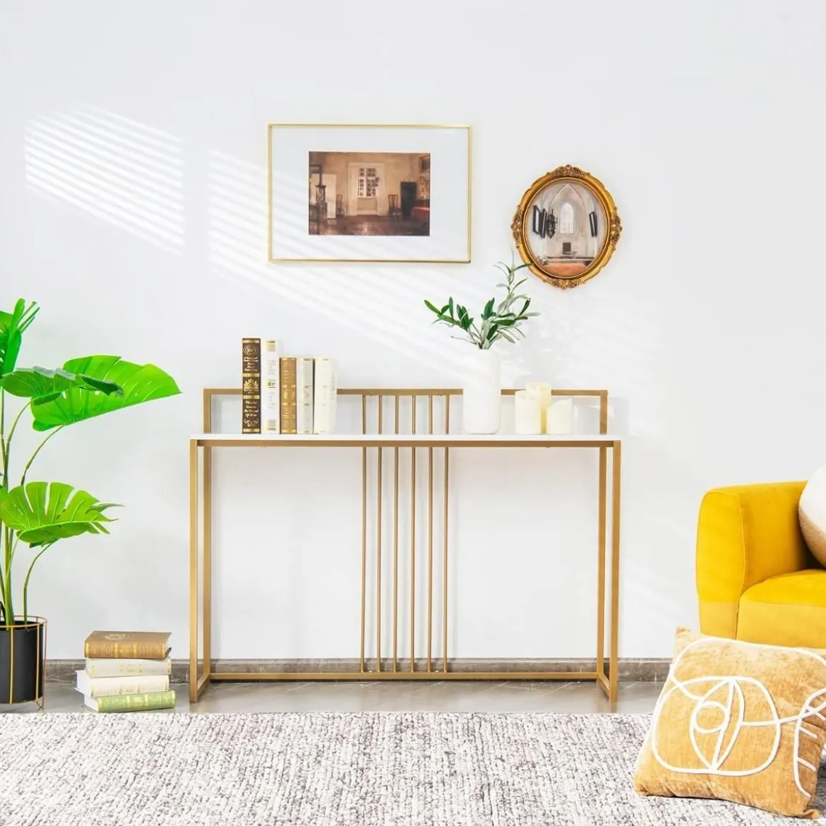 120 cm Konsolentisch mit Marmoroptik & Goldfarbenem Metallgestell Moderner Flurtisch Weiß