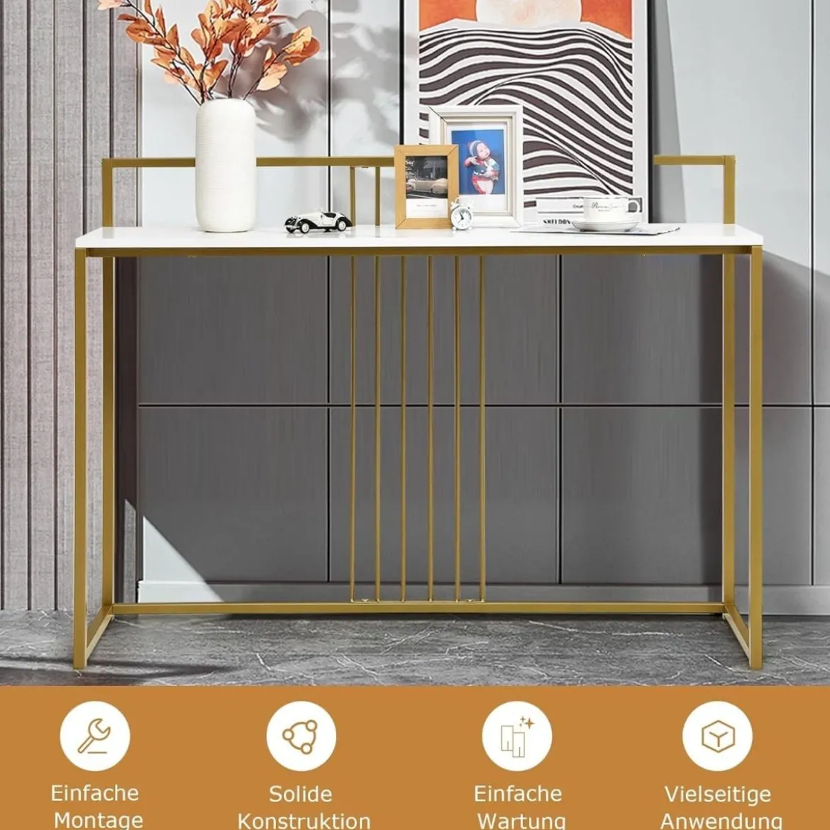 120 cm Konsolentisch mit Marmoroptik & Goldfarbenem Metallgestell Moderner Flurtisch Weiß