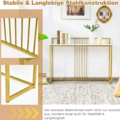 120 cm Konsolentisch mit Marmoroptik & Goldfarbenem Metallgestell Moderner Flurtisch Weiß