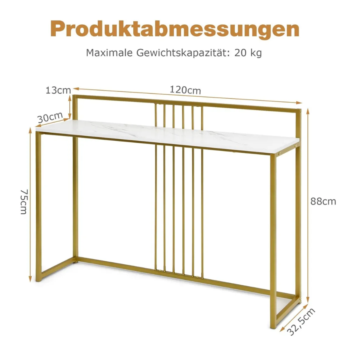 120 cm Konsolentisch mit Marmoroptik & Goldfarbenem Metallgestell Moderner Flurtisch Weiß
