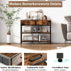 100 cm Konsolentisch mit 2 Stoffschubladen 3 Ebenen Beistelltisch Rustikales Braun