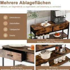 100 cm Konsolentisch mit 2 Stoffschubladen 3 Ebenen Beistelltisch Rustikales Braun