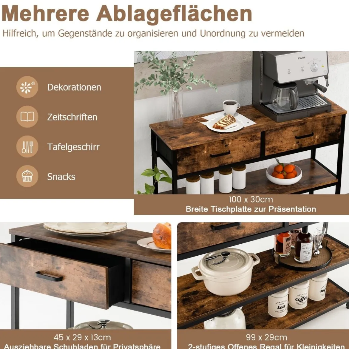 100 cm Konsolentisch mit 2 Stoffschubladen 3 Ebenen Beistelltisch Rustikales Braun