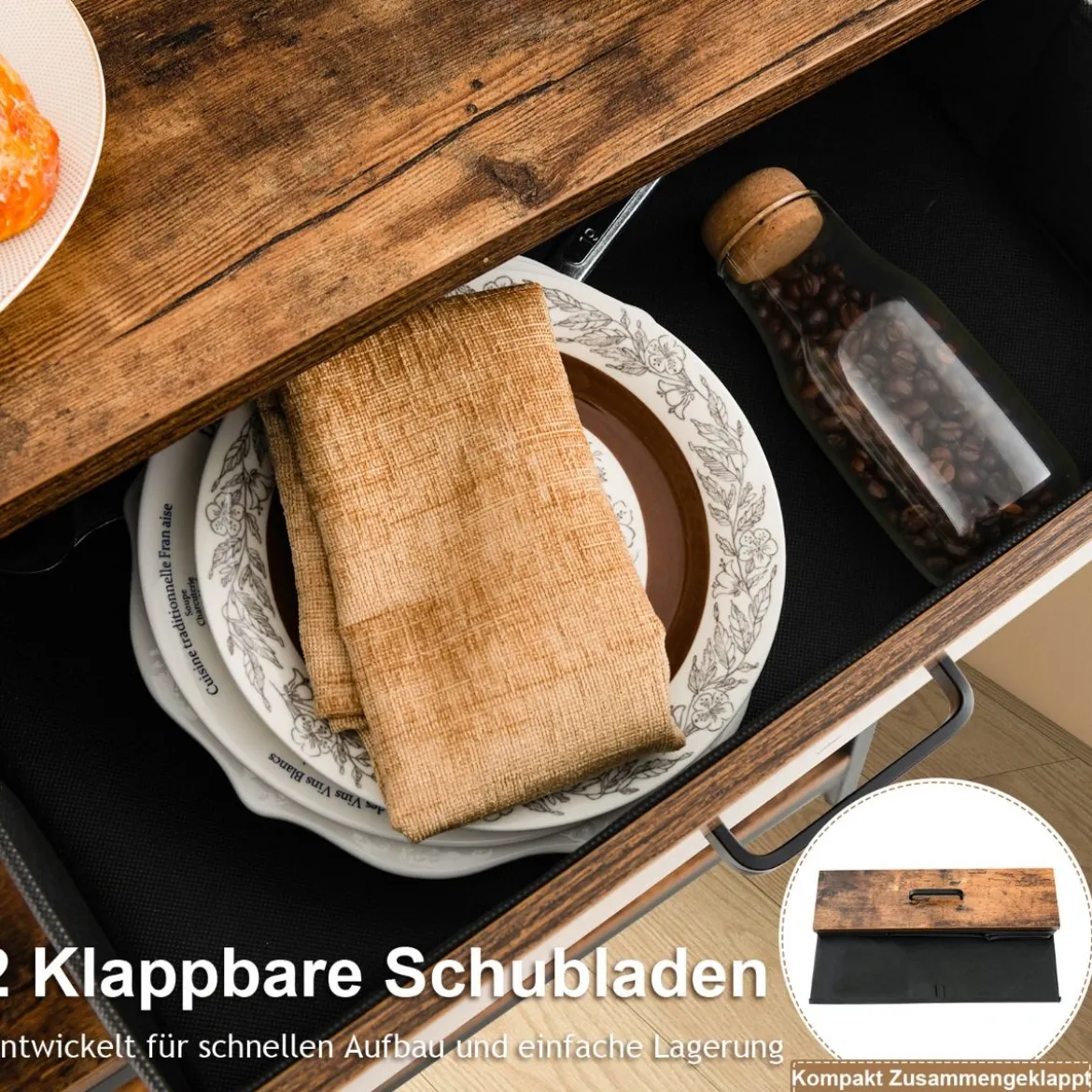 100 cm Konsolentisch mit 2 Stoffschubladen 3 Ebenen Beistelltisch Rustikales Braun