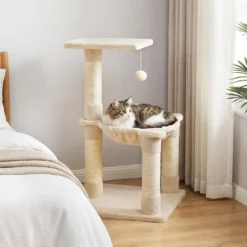 64cm Kratzbaum Aussichtsplatz Hängematte Sisal Kratzstämme Ball Kletterplattformen Beige