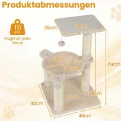 64cm Kratzbaum Aussichtsplatz Hängematte Sisal Kratzstämme Ball Kletterplattformen Beige