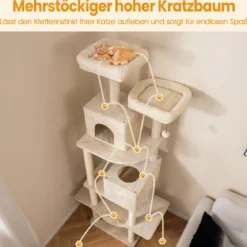 205cm Kratzbaum groß mehrstufiger Katzenbaum mit 2 Höhlen 2 Liegeflächen Sisal-Kratzpfosten Beige