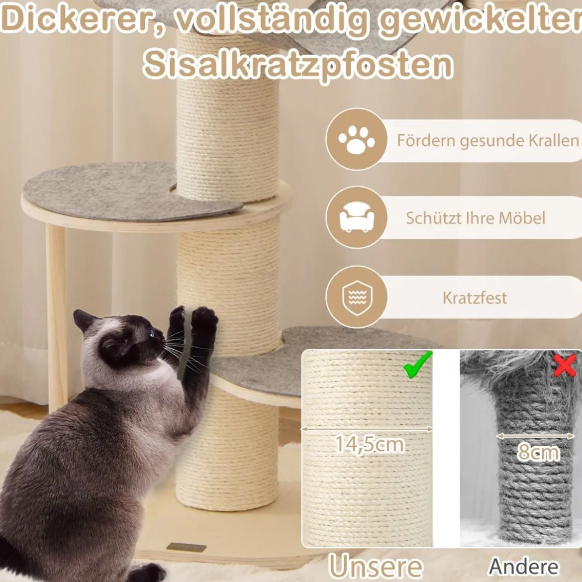 120 cm Kratzbaum Holz Katzenbaum mit Hängematte & 3 Plattformen & Sisal-Teppich Grau