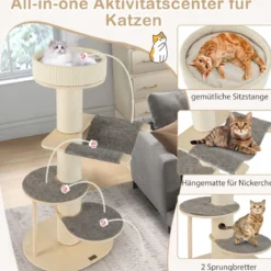 120 cm Kratzbaum Holz Katzenbaum mit Hängematte & 3 Plattformen & Sisal-Teppich Grau