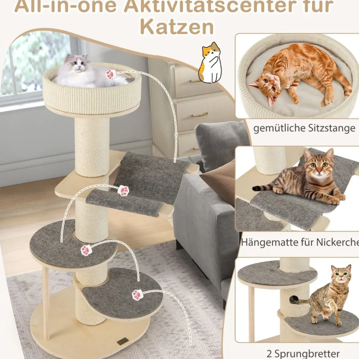 120 cm Kratzbaum Holz Katzenbaum mit Hängematte & 3 Plattformen & Sisal-Teppich Grau