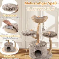 105cm Kratzbaum Holz Katzenbaum mit Katzenhöhle 2 Plüschsitzflächen Korb Kratzpfosten