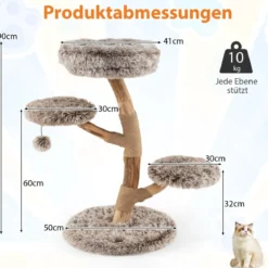90 cm Kratzbaum Holz Katzenbaum mit 4 Plüschsitzflächen Ball & Kratzpfosten aus Jute