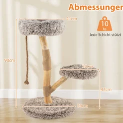 90 cm Kratzbaum Holz Katzenbaum mit 3 Plüschsitzflächen Seil & Kratzpfosten aus Jute Katzenturm Katzenmöbel Massivholz Braun+Natur