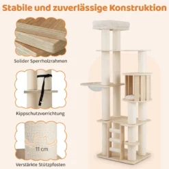 185 cm Kratzbaum mit Dicken Stämmen & Katzenhöhle & Raumkapsel & Sitzplatz & Leiter