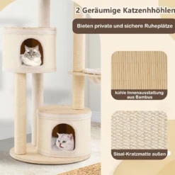 152 cm Kratzbaum mit 2 Katzenhöhlen & Korb & Sisal-Kratzpfosten & Spielball Katzenbaum Kletterbaum