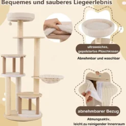 152 cm Kratzbaum mit 2 Katzenhöhlen & Korb & Sisal-Kratzpfosten & Spielball Katzenbaum Kletterbaum