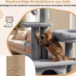 96 cm Kratzbaum mit Katzenhöhle & Plattform & Bett & 2 Bällen Katzenturm Katzenkratzbaum Grau