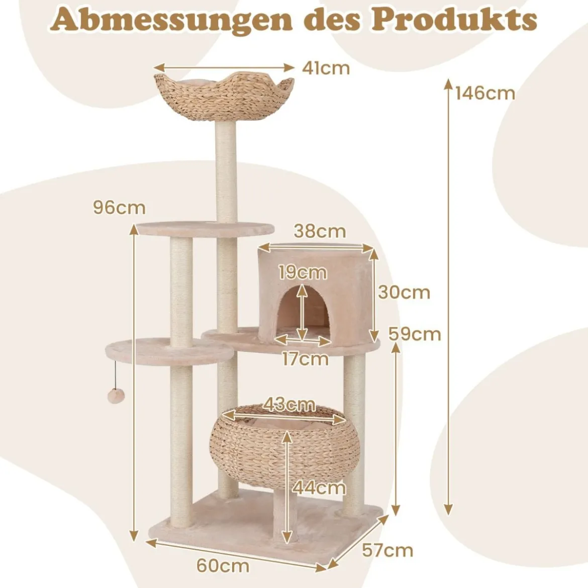 146 cm Kratzbaum mit Katzenhöhle & Sitzstange & Rohrkolben Katzenkorb Katzenbaum