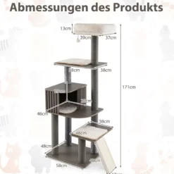 171 cm Kratzbaum mit Katzenhöhle & Sisal-Kratzbrett Katzenbaum Katzenkratzbaum Grau
