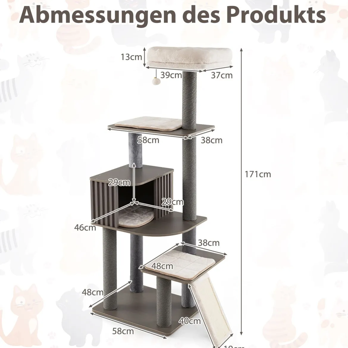 171 cm Kratzbaum mit Katzenhöhle & Sisal-Kratzbrett Katzenbaum Katzenkratzbaum Grau