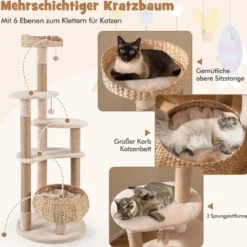 164 cm Kratzbaum mit Sitzstange & Rohrkolben Korbbett 6-stöckiges Kletterbaum Katzenbaum