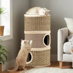 Ø 36 cm Kratztonne mit Seegras-Seil & Sisal-Kratzbrett & 3 Höhlen Katzentonne Kratzbaum