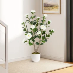 90 cm Kunstbaum mit Blüten Künstlicher Kamelienbaum Kunstpflanze im Topf Kamelienpflanze Rosa/Weiß