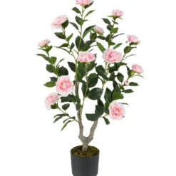 90 cm Kunstbaum mit Blüten Künstlicher Kamelienbaum Kunstpflanze im Topf Kamelienpflanze Rosa/Weiß