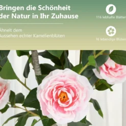 90 cm Kunstbaum mit Blüten Künstlicher Kamelienbaum Kunstpflanze im Topf Kamelienpflanze Rosa/Weiß