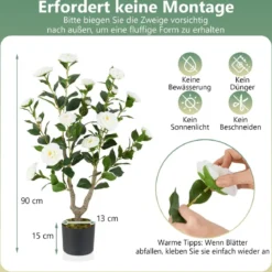90 cm Kunstbaum mit Blüten Künstlicher Kamelienbaum Kunstpflanze im Topf Kamelienpflanze Rosa/Weiß