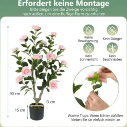 90 cm Kunstbaum mit Blüten Künstlicher Kamelienbaum Kunstpflanze im Topf Kamelienpflanze Rosa/Weiß