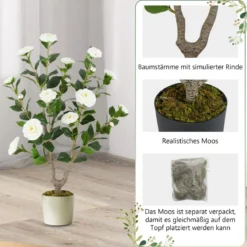 90 cm Kunstbaum mit Blüten Künstlicher Kamelienbaum Kunstpflanze im Topf Kamelienpflanze Rosa/Weiß
