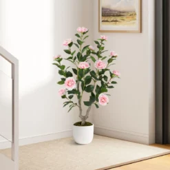 90 cm Kunstbaum mit Blüten Künstlicher Kamelienbaum Kunstpflanze im Topf Kamelienpflanze Rosa/Weiß
