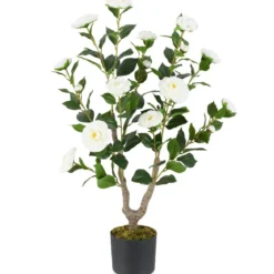 90 cm Kunstbaum mit Blüten Künstlicher Kamelienbaum Kunstpflanze im Topf Kamelienpflanze Rosa/Weiß