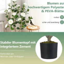90 cm Kunstbaum mit Blüten Künstlicher Kamelienbaum Kunstpflanze im Topf Kamelienpflanze Rosa/Weiß