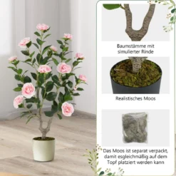 90 cm Kunstbaum mit Blüten Künstlicher Kamelienbaum Kunstpflanze im Topf Kamelienpflanze Rosa/Weiß