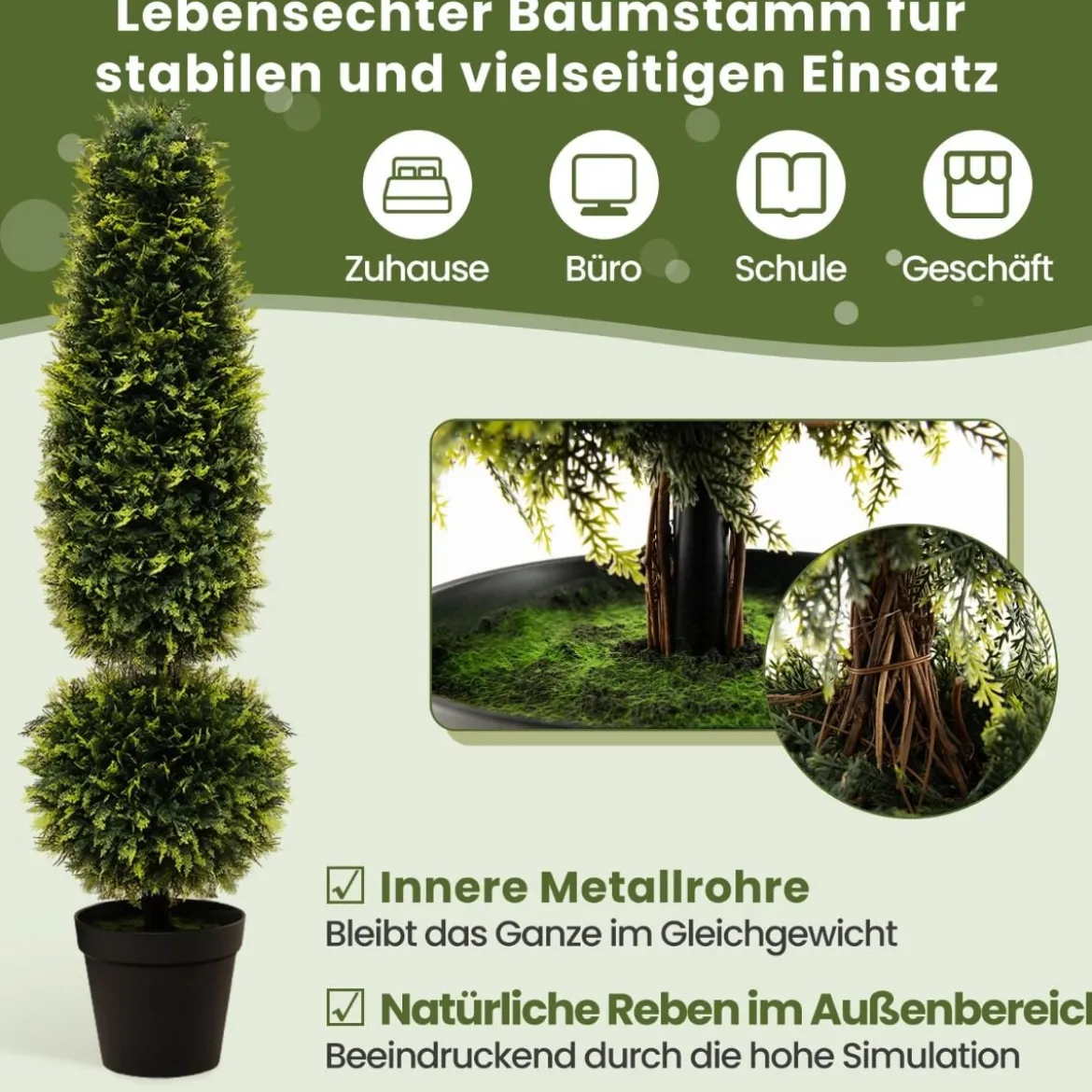 120 cm Kunstpflanze Kunstbaum mit Topf Topfpflanze Buchsbaum Formschnitt Grün