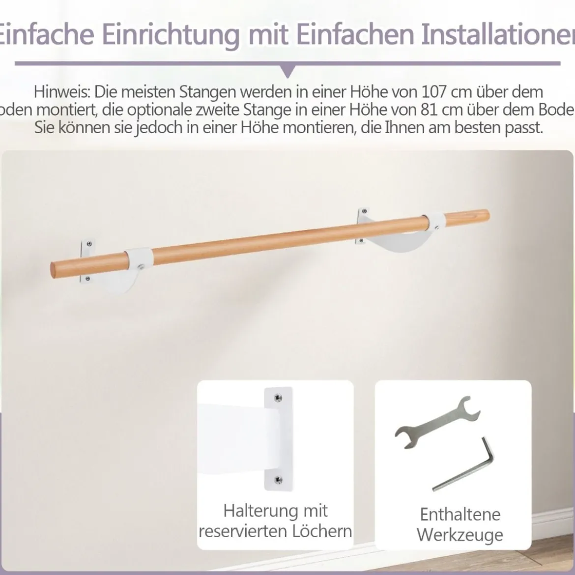 120 cm Lange Ballettstange aus Holz inkl. Wandabstand Wandmontage Tanzstange Natur