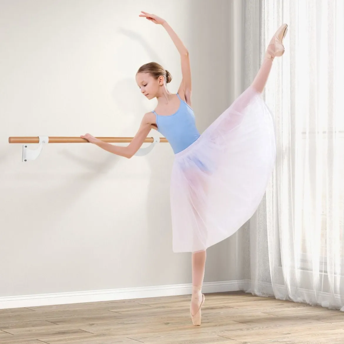120 cm Lange Ballettstange aus Holz inkl. Wandabstand Wandmontage Tanzstange Natur