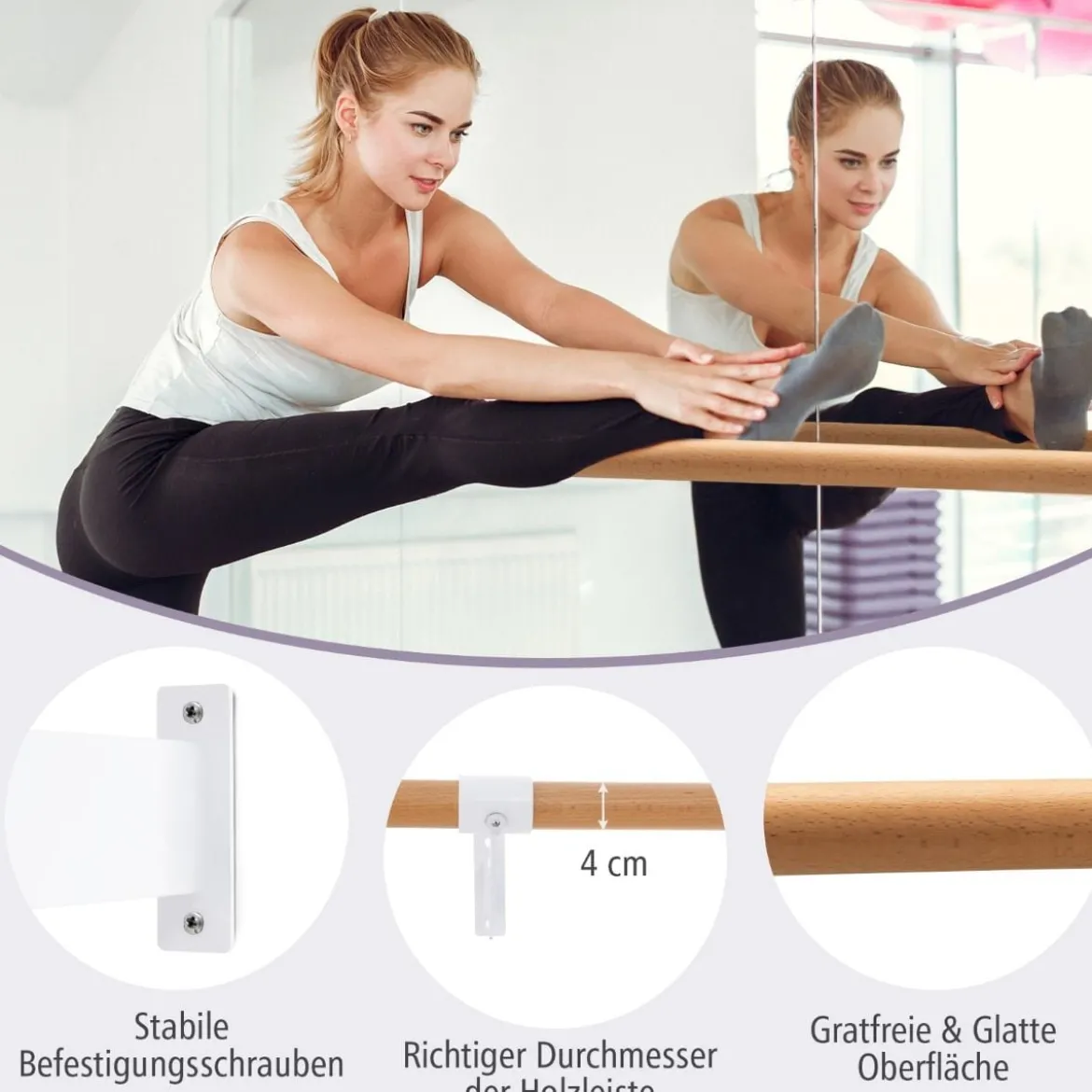 120 cm Lange Ballettstange aus Holz inkl. Wandabstand Wandmontage Tanzstange Natur