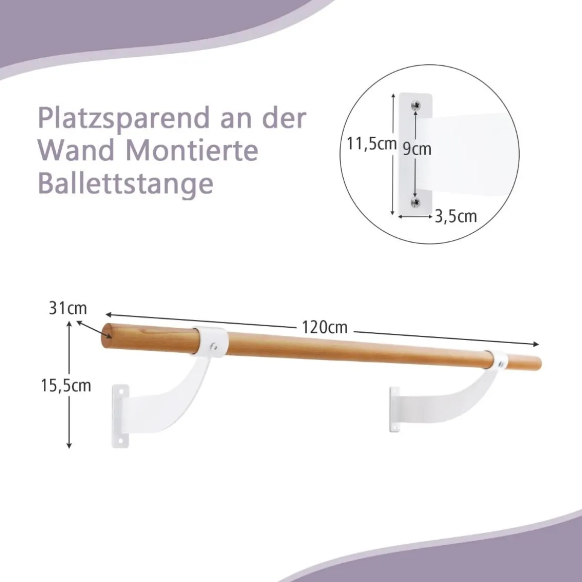 120 cm Lange Ballettstange aus Holz inkl. Wandabstand Wandmontage Tanzstange Natur