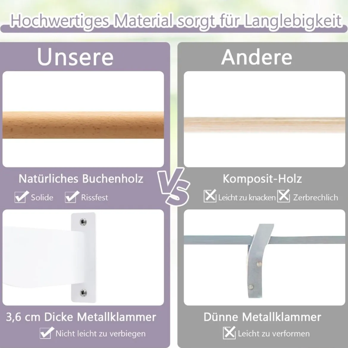 120 cm Lange Ballettstange aus Holz inkl. Wandabstand Wandmontage Tanzstange Natur