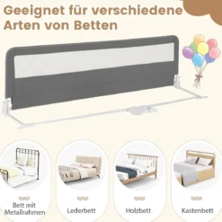 180 cm Lange Klappbares Bettgitter mit Sicherheitsgurten 180° Faltbar Grau