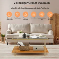 100 cm Langer Couchtisch aus Glas Rechteckiger Glastisch mit 2 Ebenen 100 x 46 x 50 cm Gold