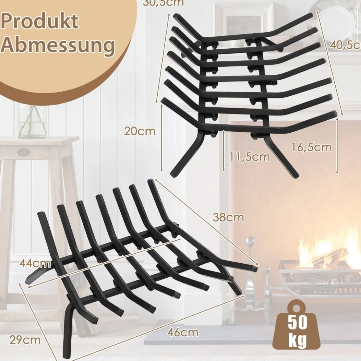 46 cm langer Kaminrost robuster Kaminholzhalter aus Schmiedeeisen mit dicken Eisenstangen 46 x 38 x 20 cm Schwarz
