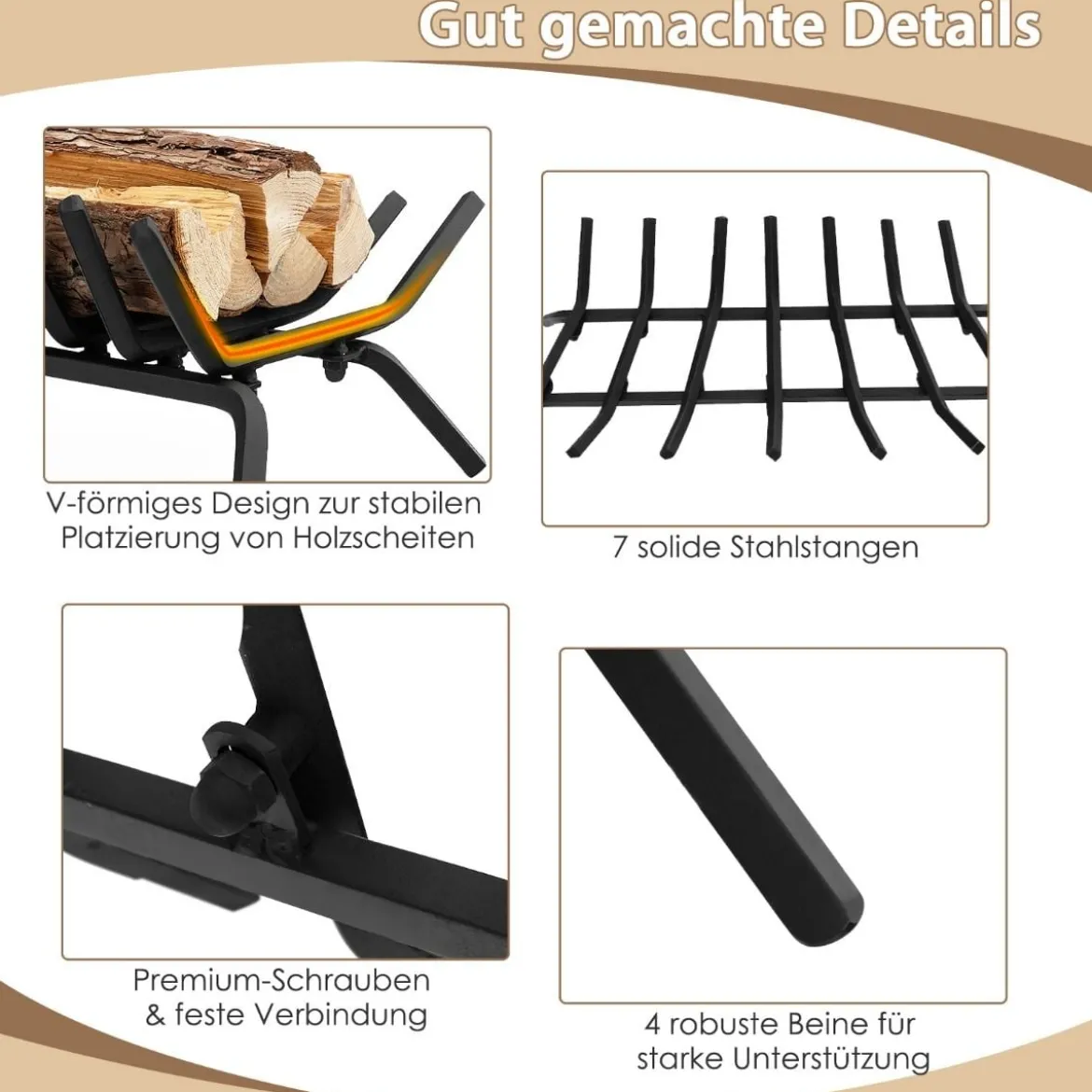 46 cm langer Kaminrost robuster Kaminholzhalter aus Schmiedeeisen mit dicken Eisenstangen 46 x 38 x 20 cm Schwarz