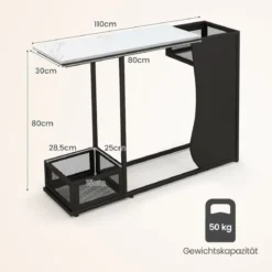 110 cm Langer Konsolentisch mit Kunstmarmorplatte 2 Stellen für Pflanzen Weiß + Schwarz